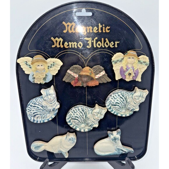 Vintage Magnetic Memo Holder/Board With Cat & Angel Magnets 11”x 9” Black/Gold - Picture 2 of 12